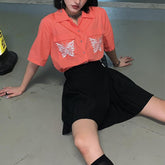 Kurzarmhemd in Orange mit Schmetterlingsstickerei im Ulzzang-Stil